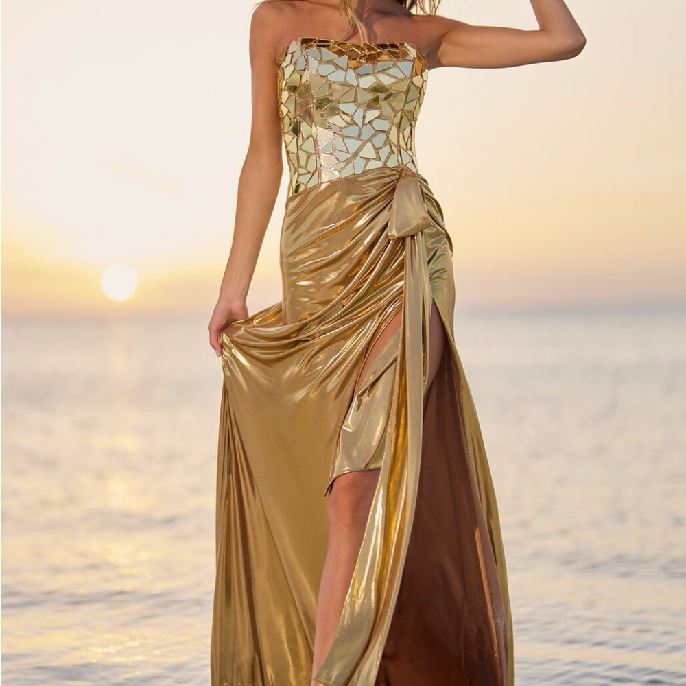 Gold and  Strapless Embellished Gown with Slit